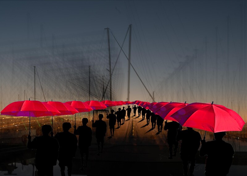 Silhouetted crowd holding bright red umbrellas on a bridge at dusk with sailboat masts visible in misty background.