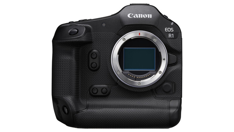 Canon EOS R1 mirrorless camera body shown from front, displaying the sensor and RF lens mount.