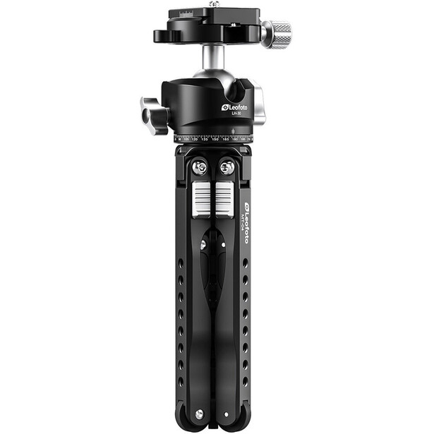 Black tripod with ball head mount and vertical grip handle on extending column.