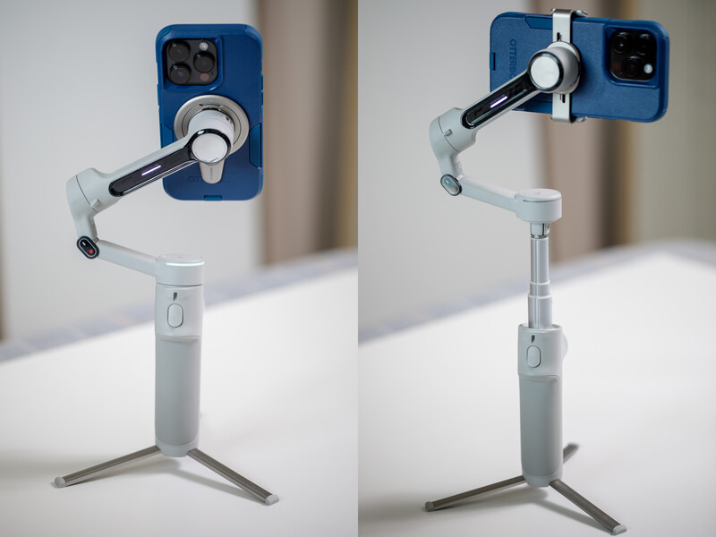 Smartphone gimbal stabilizer with blue phone mount shown from two angles against neutral background.