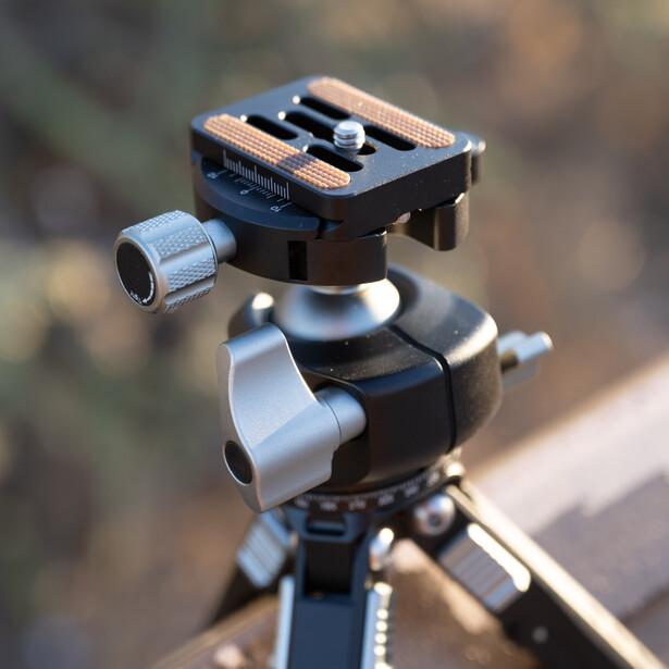 Ball head tripod mount with quick-release plate and adjustment knobs on blurred outdoor background.