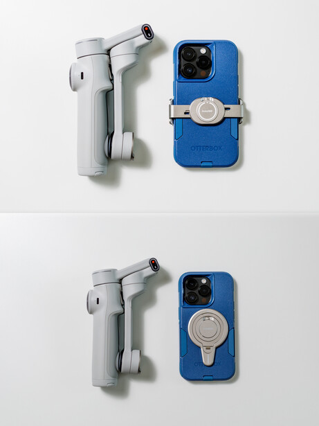 Smartphone gimbal stabilizer shown attached to a blue phone case in two mounting positions.