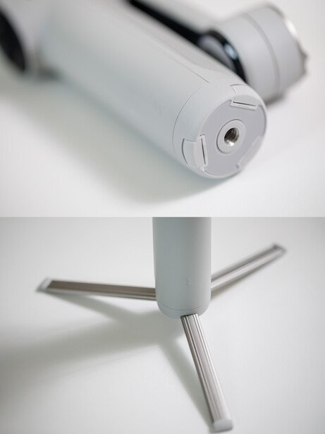 White cylindrical tripod with extendable legs and detail of mounting hardware shown in overhead and side views.