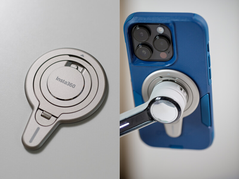 Two smartphone ring stands shown side-by-side: a silver circular design on the left and a white model attached to a blue phone case on the right.