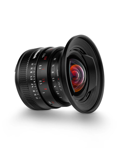 Black wide-angle lens with red glass elements visible through the rear optic design.