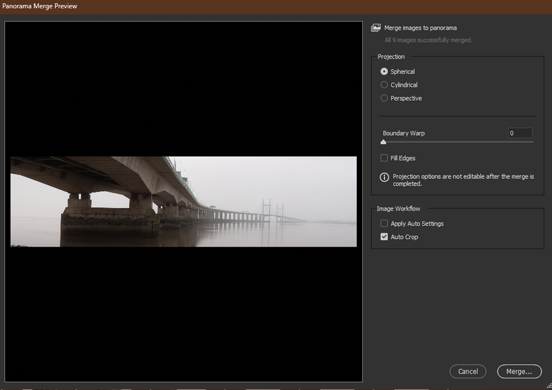 Screenshot of Photoshop's Panorama Merge Preview dialog showing a bridge over water with black borders.