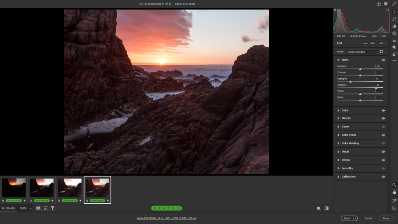 Screenshot of Lightroom's Develop module showing a coastal sunrise photograph with editing panels visible.