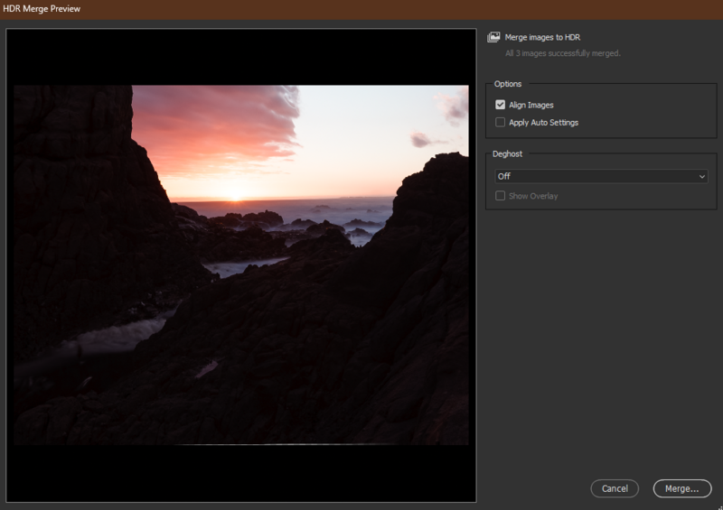 Screenshot of HDR merge preview showing a coastal sunset between dark rock formations with pink and orange sky.