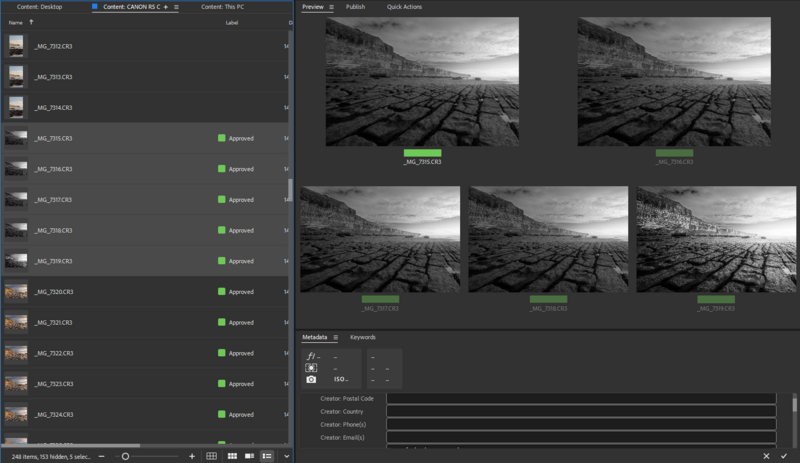 Screenshot of photo editing software showing contact sheet of desert landscape images with quality ratings.