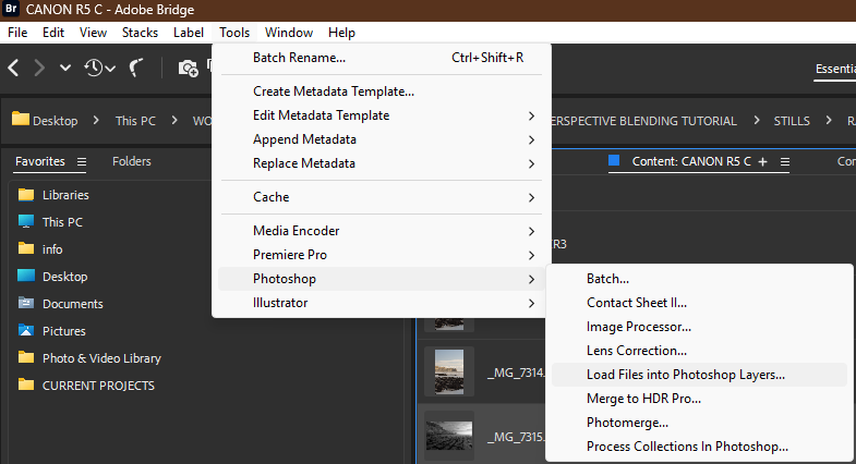 Screenshot of Adobe Bridge Tools menu with Photoshop submenu expanded showing batch processing and image editing options.