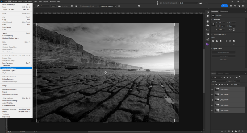 Black and white landscape showing cracked earth foreground with mountains and dramatic sky. Screenshot of Lightroom editing interface.