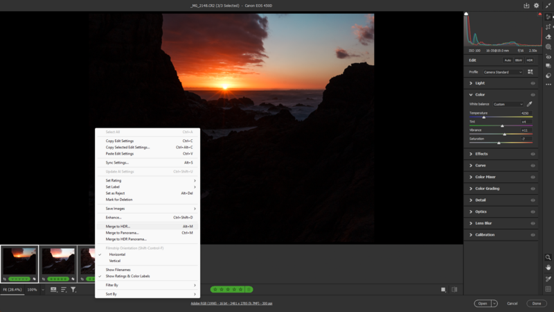 Screenshot of photo editing software with sunset landscape image and adjustment panels open.
