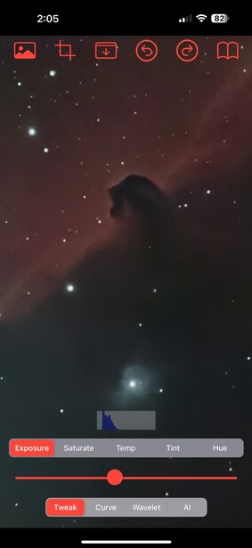 Screenshot of a mobile astronomy app showing the Horsehead Nebula with editing tools visible.