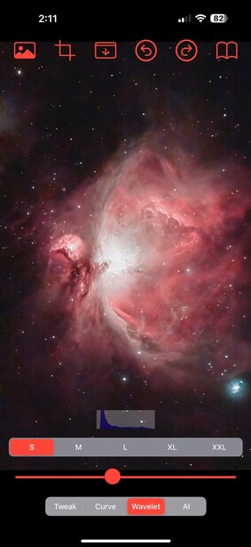 Screenshot of mobile astronomy app displaying the Orion Nebula with color adjustment sliders.
