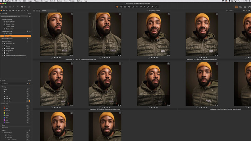 Screenshot of photo editing software displaying contact sheet of portrait variations.