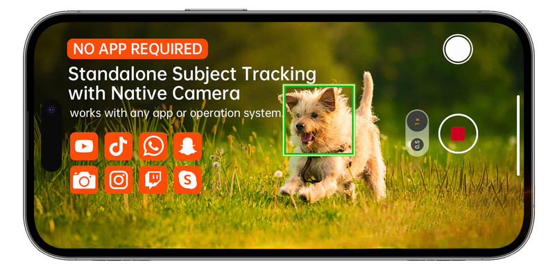 Screenshot of smartphone camera interface tracking a small dog running through grass with a green bounding box overlay.