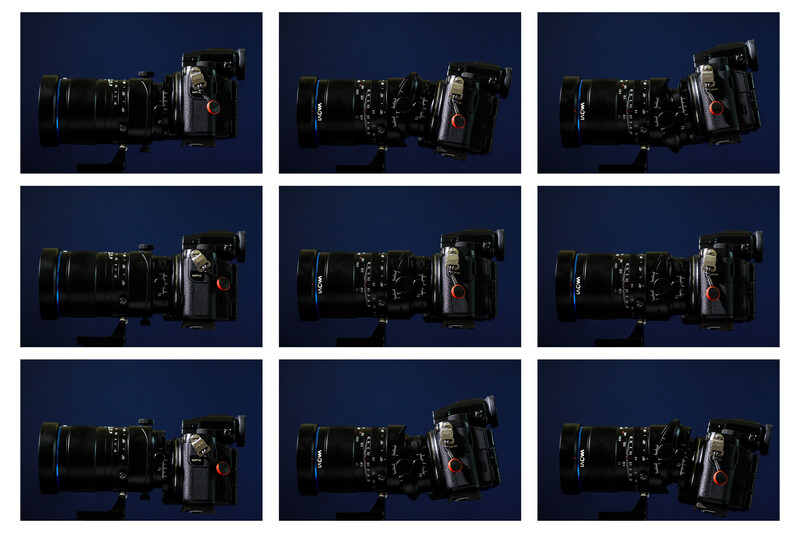 Nine product photography setups showing vintage camera equipment arranged on dark blue background.