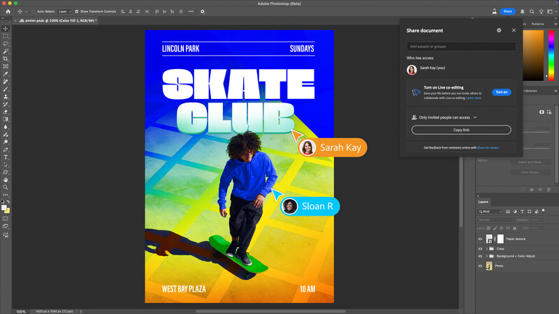 Screenshot of a skate club event poster design in Adobe Photoshop with vibrant blue, yellow, and green gradient background.