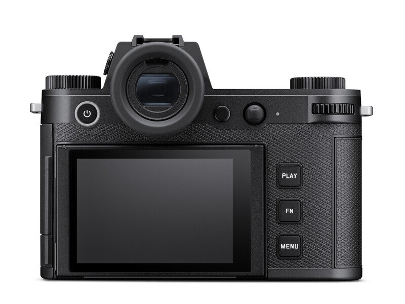 Mirrorless camera with articulating rear LCD screen displayed from back view.