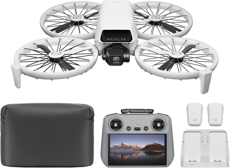 Compact drone with four rotors displayed with remote controller, carrying case, and accessory batteries.