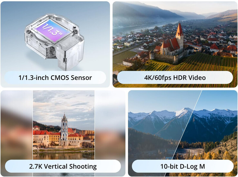 Four camera specification panels showing a 1/3-inch CMOS sensor, 4K/60fps HDR video, 2.7K vertical shooting, and 10-bit D-Log M color depth.