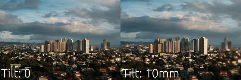 Side-by-side comparison of cityscape with 0mm and 10mm tilt effect applied to the lens.