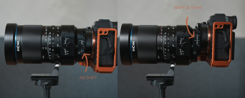 Two macro lenses with focus shift comparison showing no shift versus 10mm shift on mounted camera bodies.