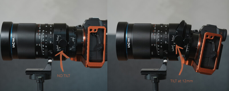 Side-by-side comparison of a camera lens with tilt shift mechanism showing no tilt versus 12mm tilt adjustment.