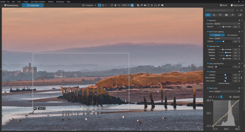 Coastal landscape with wooden pilings at low tide, composited in Lightroom with adjustment panels visible.