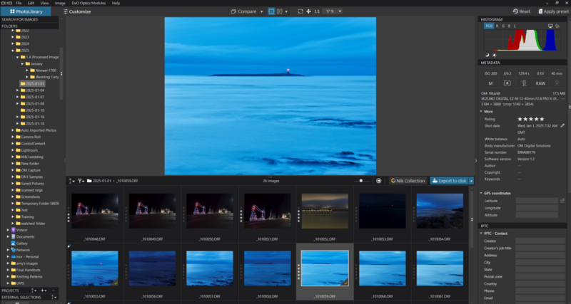Screenshot of photo editing software displaying a seascape image with blue water and sky in the main canvas and thumbnail grid below.