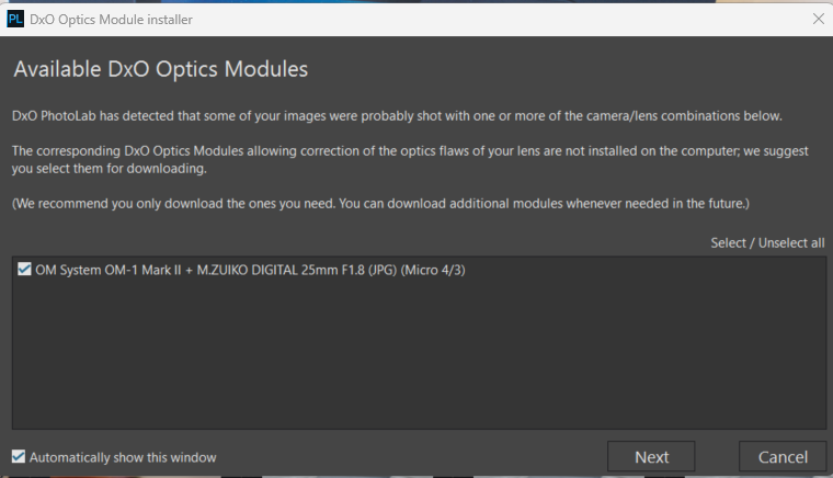 Screenshot of DxO Optics Module installer window showing available lens correction modules for download.