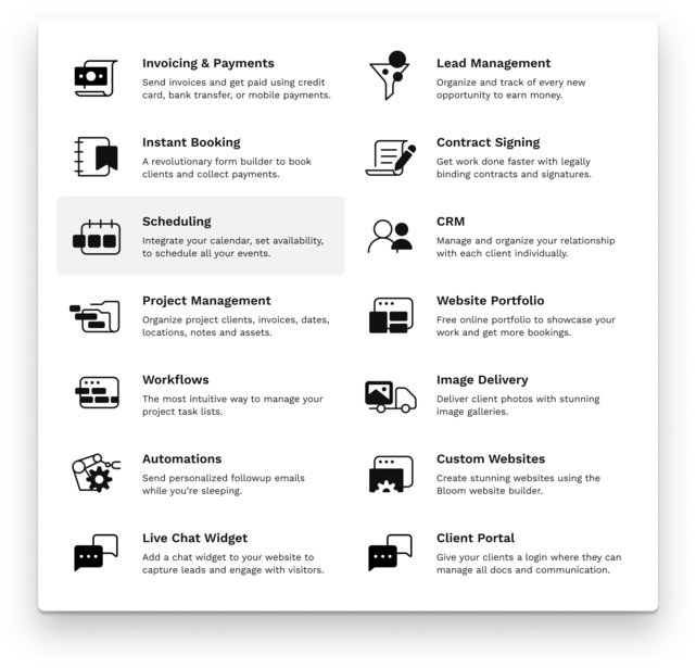 Screenshot showing a grid of business management features with icons and labels.
