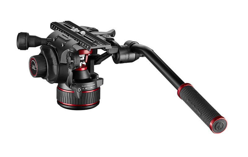 Professional video tripod head with fluid pan-tilt mechanism and extended handle arm.