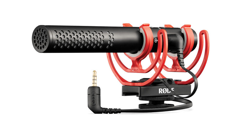 Rode Wireless GO II microphone with red shock mount and 3.5mm cable connector.