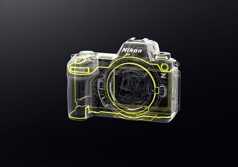 Illustration of a Nikon mirrorless camera with transparent yellow and clear housing highlighting internal components.