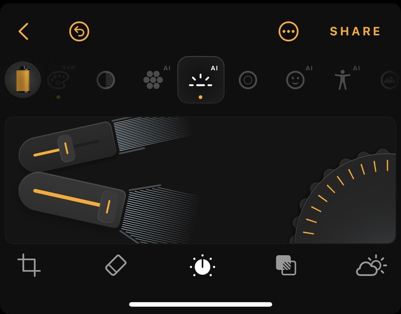 Screenshot of a photo editing app interface showing brush tool controls with golden accents on dark background.