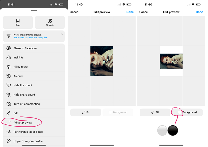 Screenshot of Instagram's edit preview interface showing background adjustment options for a post.