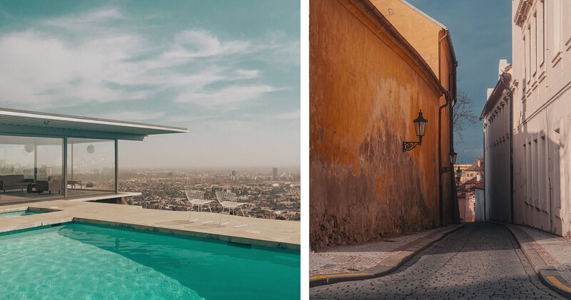 Modern rooftop pool overlooking a sprawling cityscape under blue sky with clouds.