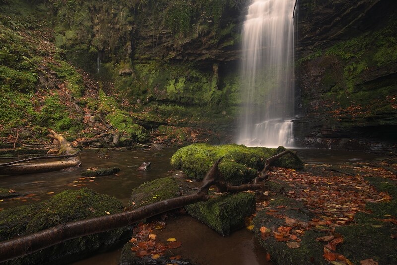 Waterfall cascading into a moss-covered pool surrounded by lush forest and fallen logs.
