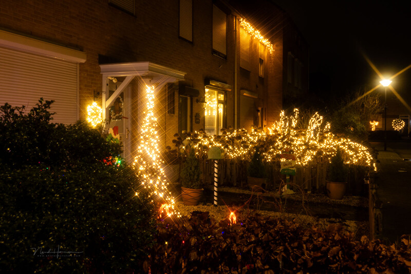 Home exterior decorated with warm white string lights wrapped around pergola, entrance, and shrubs at night.
