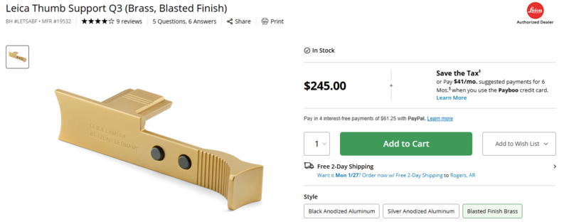 Leica Thumb Support Q3 in brass with blasted finish, shown against white background.