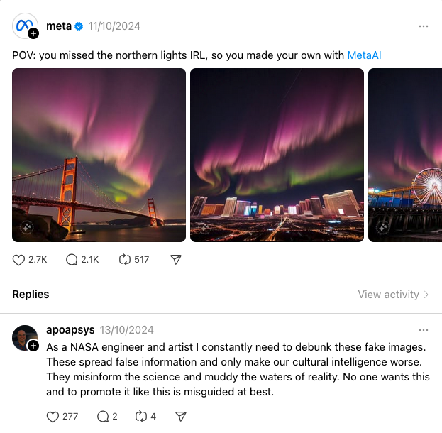 Meta post on threads about posting AI-generated images of the northern lights
