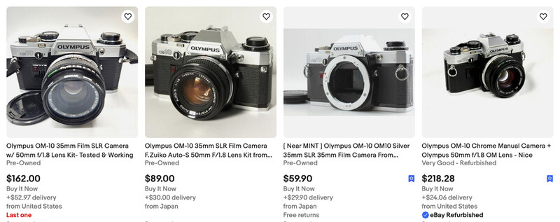 Screenshot of Olympus OM10 listings on eBay