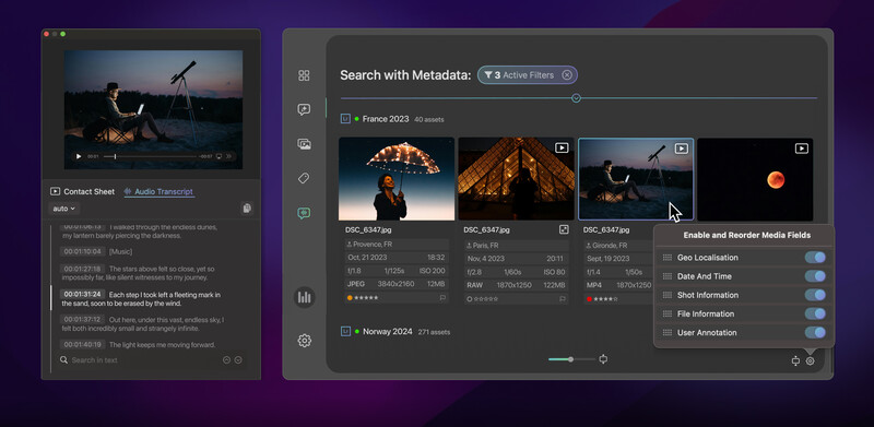 Screenshot of photo management software showing search results and metadata editing interface for landscape photographs.