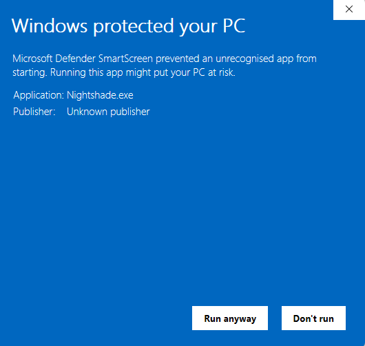 Screenshot of Windows Defender SmartScreen security warning dialog for unrecognized app.