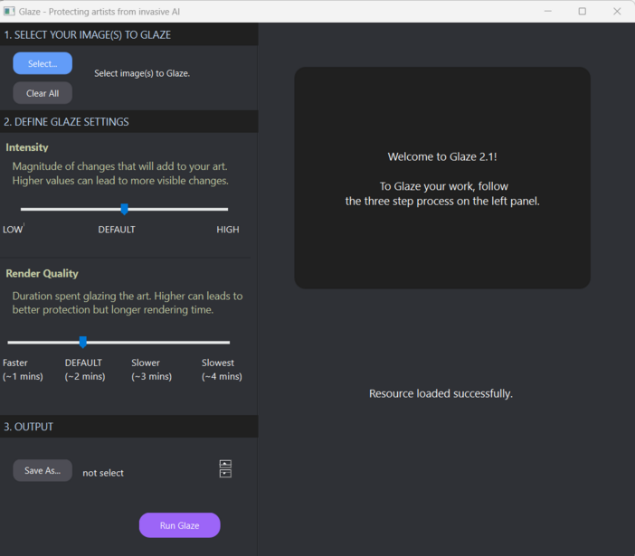 Screenshot of Glaze 2.1 interface showing image upload settings, intensity slider, render quality options, and output controls.