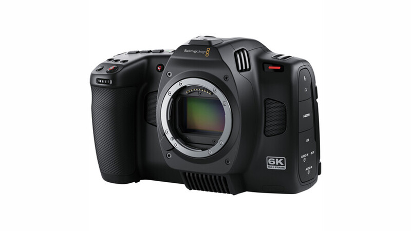 Blackmagic Pocket Cinema Camera 6K body shown from front-left angle against white background.