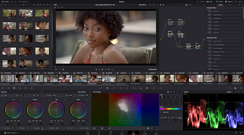 Screenshot of professional video editing and color grading software interface with portrait footage displayed.