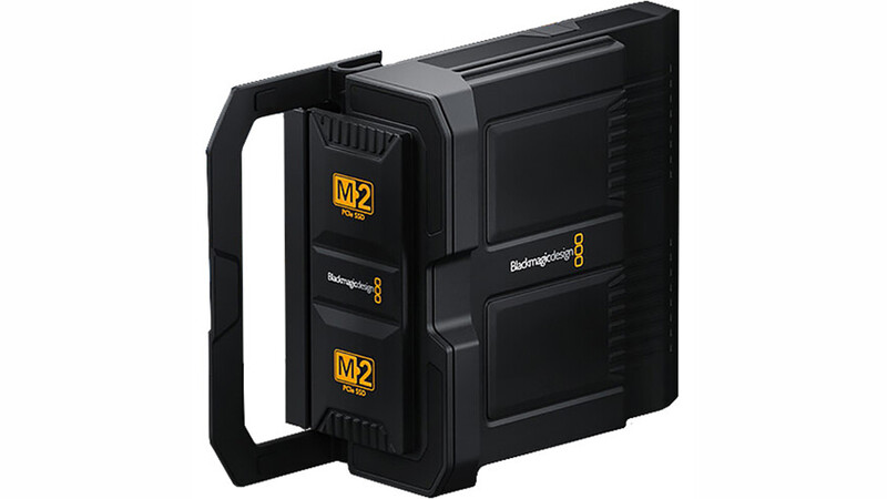 Blackmagic Design portable video production system with dual M2 module slots and integrated handle against white background.