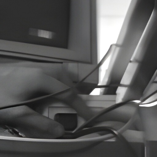 Tangled black cables and cords draped over studio equipment in monochromatic lighting.